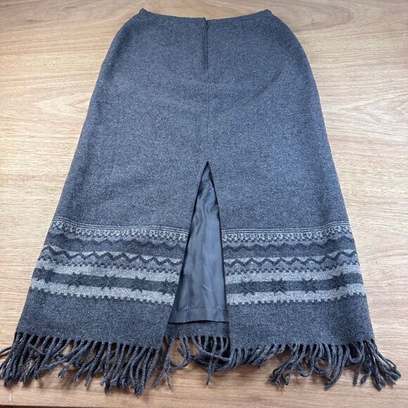 Talbots Wool Blend Fringe Hem Midi Skirt Gray Fair Isle Lined Size 8 Winter - Picture 3 of 7